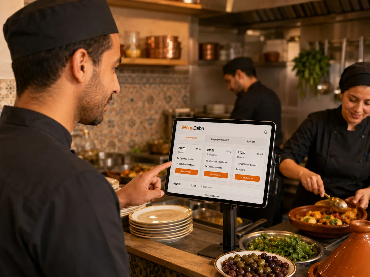 Équipe de cuisine recevant des commandes MenuDaba en direct